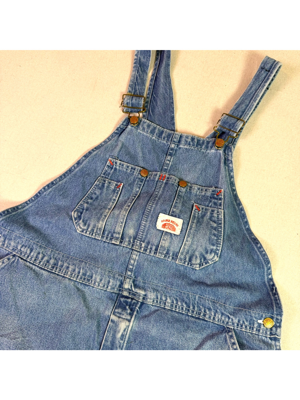 Vintage Round House Denim Bib Overalls Men's 44x30 Blue Carpenter Workwear USA